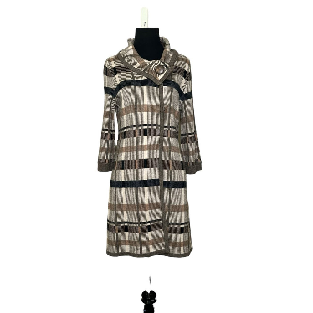 Nic + Zoe brown plaid 3/4 sleeves knit sweater coat size XS